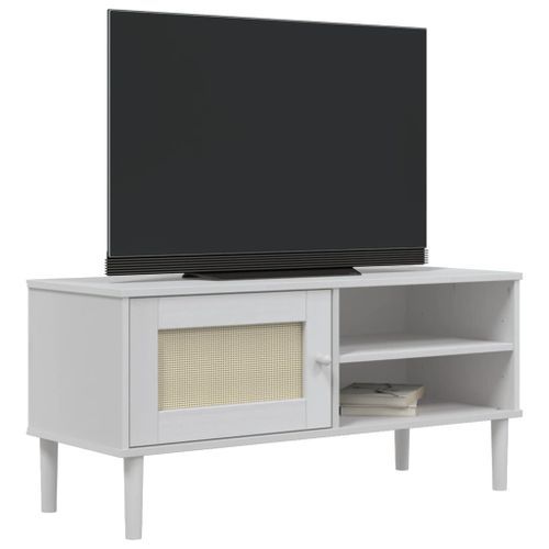 Meuble TV SENJA aspect rotin blanc 106x40x49cm bois massif pin - Photo n°3; ?>