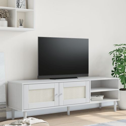 Meuble TV SENJA aspect rotin blanc 158x40x49cm bois massif pin - Photo n°2; ?>