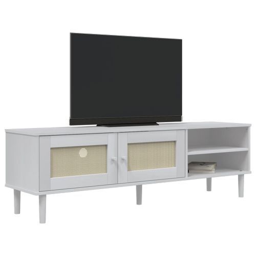 Meuble TV SENJA aspect rotin blanc 158x40x49cm bois massif pin - Photo n°3; ?>