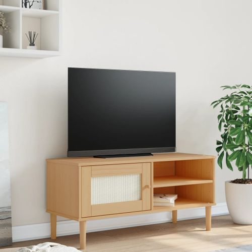 Meuble TV SENJA aspect rotin marron 106x40x49cm bois massif pin - Photo n°2; ?>