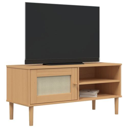 Meuble TV SENJA aspect rotin marron 106x40x49cm bois massif pin - Photo n°3; ?>