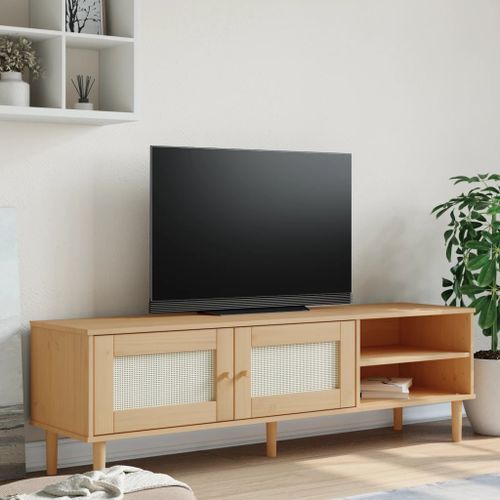 Meuble TV SENJA aspect rotin marron 158x40x49cm bois massif pin - Photo n°2; ?>