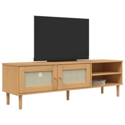 Meuble TV SENJA aspect rotin marron 158x40x49cm bois massif pin - Photo n°3; ?>