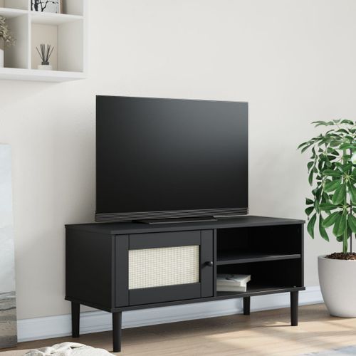 Meuble TV SENJA aspect rotin noir 106x40x49cm bois massif pin - Photo n°2; ?>