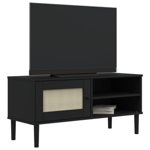 Meuble TV SENJA aspect rotin noir 106x40x49cm bois massif pin - Photo n°3; ?>