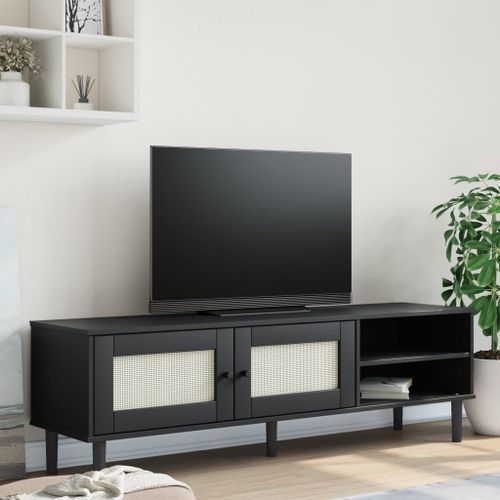 Meuble TV SENJA aspect rotin noir 158x40x49cm bois massif pin - Photo n°2; ?>