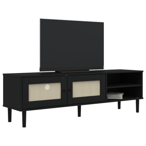 Meuble TV SENJA aspect rotin noir 158x40x49cm bois massif pin - Photo n°3; ?>