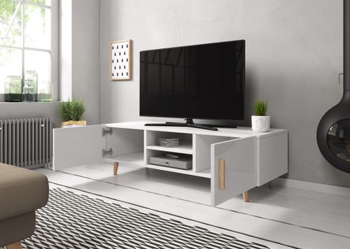 Meuble TV 2 portes blanc mat et gris laqué Kunamy 140 cm - Photo n°3; ?>