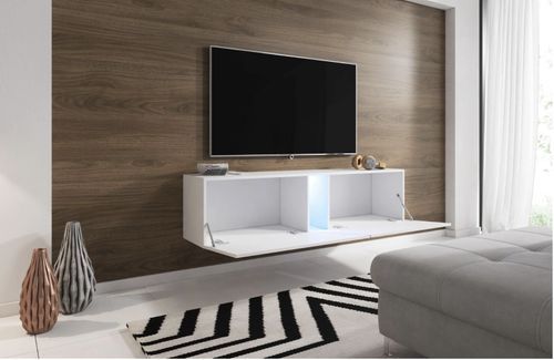 Meuble TV sur pied ou mural 2 portes avec Led blanc mat et blanc brillant Kaela 160 cm - Photo n°3; ?>