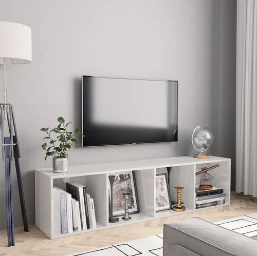Meuble TV suspendu 4 niches bois blanc brillant Neone 143 cm - Photo n°3; ?>