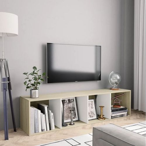 Meuble TV suspendu 4 niches bois blanc et chêne clair Neone 143 cm - Photo n°2; ?>