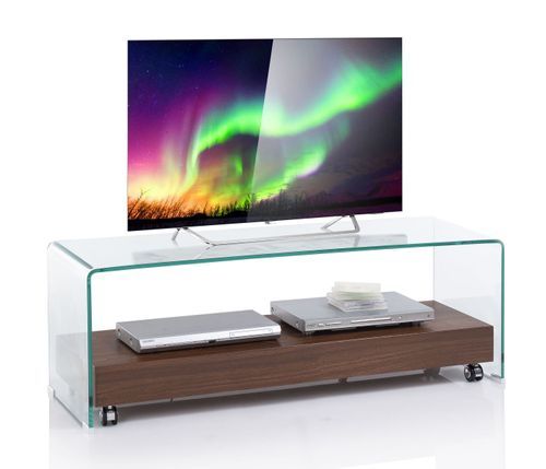 Meuble TV verre transparent et bois noyer foncé Mell L 130 cm - Photo n°2; ?>