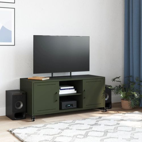 Meuble TV vert olive 100,5x39x43,5 cm acier laminé à froid - Photo n°3; ?>