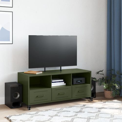 Meuble TV vert olive 100,5x39x43,5 cm acier laminé à froid - Photo n°3; ?>