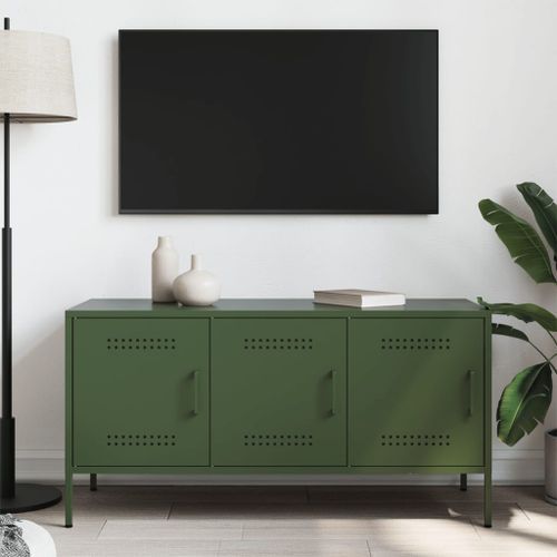 Meuble TV vert olive 100,5x39x50,5 cm acier - Photo n°3; ?>