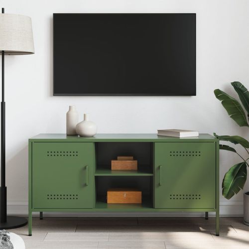 Meuble TV vert olive 100,5x39x50,5 cm acier - Photo n°3; ?>