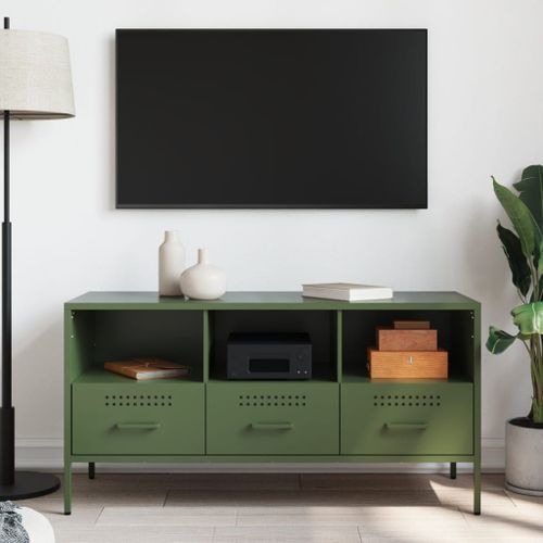 Meuble TV vert olive 100,5x39x50,5 cm acier laminé à froid - Photo n°3; ?>