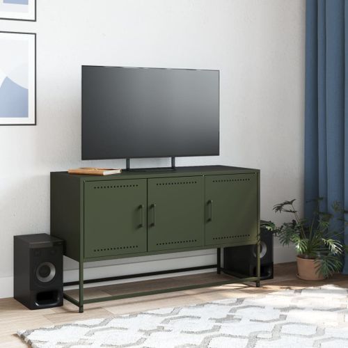 Meuble TV vert olive 100,5x39x60,5 cm acier - Photo n°3; ?>