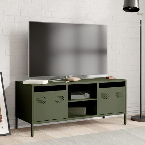 Meuble TV vert olive 101,5x39x43,5 cm acier laminé à froid - Photo n°3; ?>