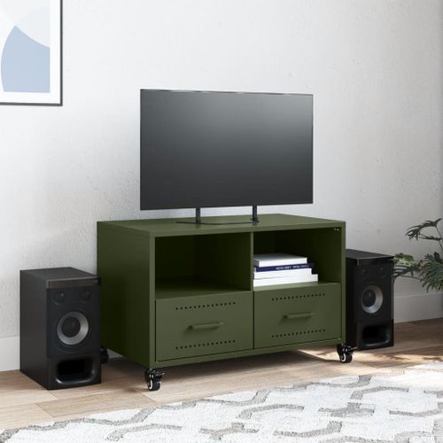 Meuble TV vert olive 68x39x43,5 cm acier laminé à froid - Photo n°3; ?>