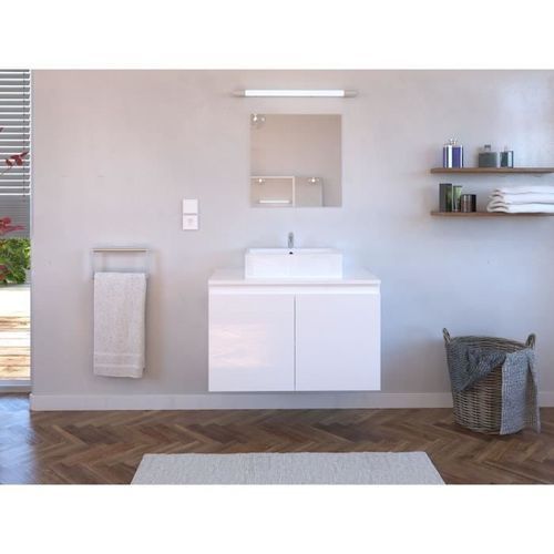 Meuble vasque de Salle de bain 2 portes - Blanc Laqué - L 80 x P 46 x H 50 cm - CINA - Photo n°2; ?>