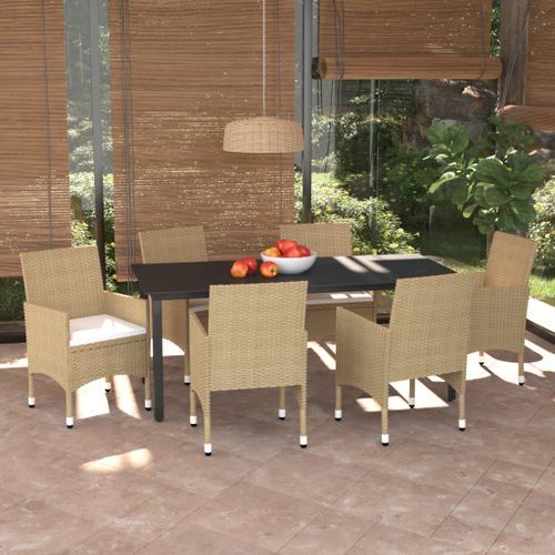 Meubles à dîner de jardin et coussins 7 pcs Poly rotin Beige 2 - Photo n°2; ?>