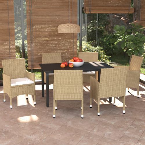 Meubles à dîner de jardin et coussins 7 pcs Poly rotin Beige - Photo n°2; ?>