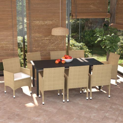 Meubles à dîner de jardin et coussins 9 pcs Poly rotin Beige - Photo n°2; ?>