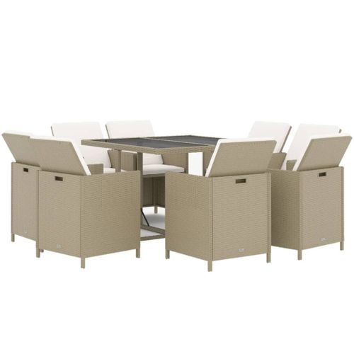 Meubles à dîner de jardin et coussins 9 pcs Poly rotin Beige - Photo n°3; ?>