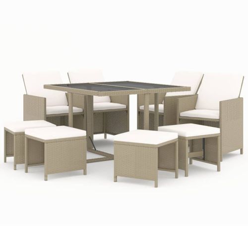 Meubles à dîner de jardin et coussins 9 pcs Poly rotin Beige - Photo n°2; ?>