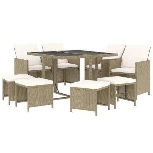 Meubles à dîner de jardin et coussins 9 pcs Poly rotin Beige - Photo n°3; ?>