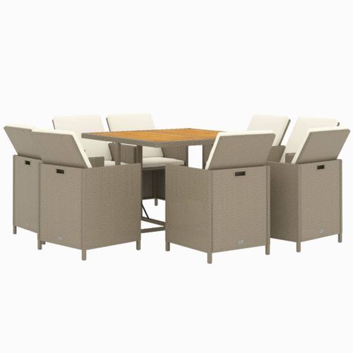 Meubles à dîner de jardin et coussins 9 pcs Poly rotin Beige - Photo n°3; ?>