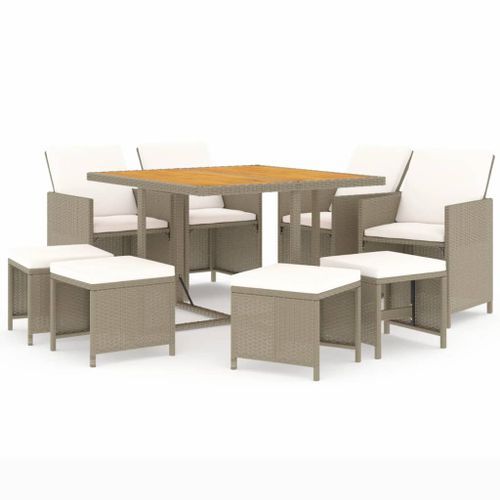 Meubles à dîner de jardin et coussins 9 pcs Poly rotin Beige - Photo n°2; ?>