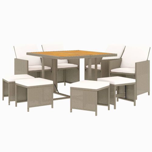 Meubles à dîner de jardin et coussins 9 pcs Poly rotin Beige - Photo n°3; ?>