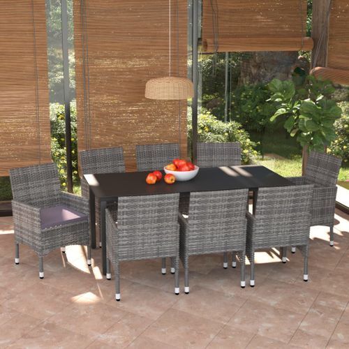 Meubles à dîner de jardin et coussins 9 pcs Poly rotin Gris - Photo n°2; ?>