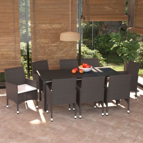 Meubles à dîner de jardin et coussins 9 pcs Poly rotin Marron - Photo n°2; ?>