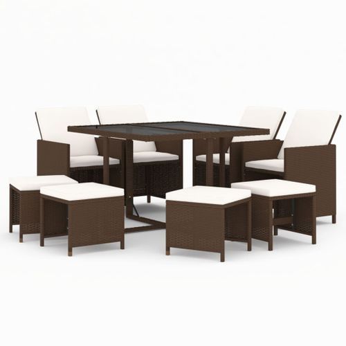 Meubles à dîner de jardin et coussins 9 pcs Poly rotin Marron - Photo n°2; ?>