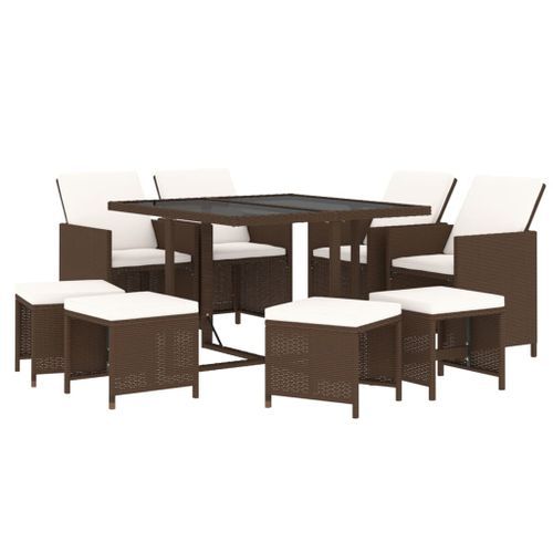 Meubles à dîner de jardin et coussins 9 pcs Poly rotin Marron - Photo n°3; ?>