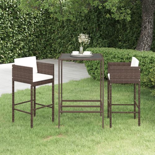 Meubles de bar de jardin 3pcs et coussins Résine tressée Marron 3 - Photo n°2; ?>