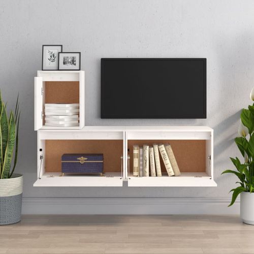 Meubles TV 3 pcs Blanc Bois massif de pin - Photo n°3; ?>