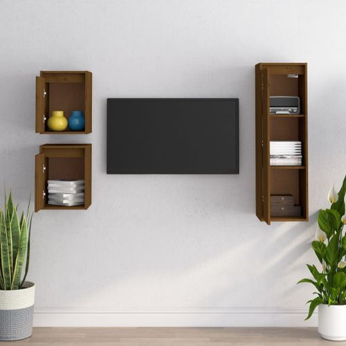 Meubles TV 3 pcs Marron miel Bois massif de pin - Photo n°3; ?>