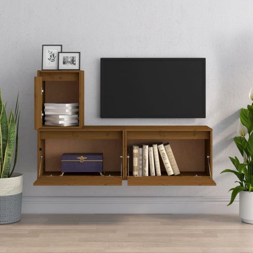 Meubles TV 3 pcs Marron miel Bois massif de pin - Photo n°3; ?>