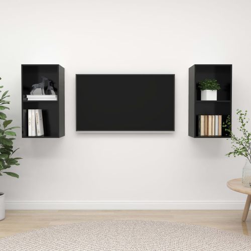 Meubles TV muraux 2 pcs Noir brillant 2 - Photo n°2; ?>