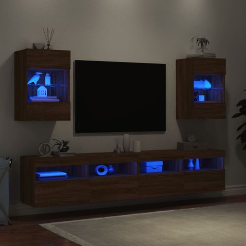 Meubles TV muraux lumières LED 2 pcs chêne marron 40x30x60,5 cm - Photo n°3; ?>