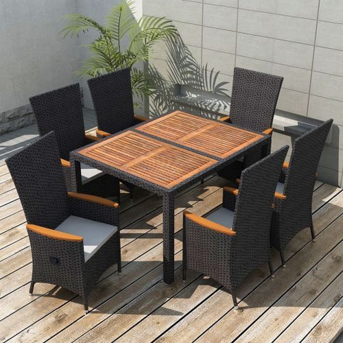 Mobilier à dîner d'extérieur 7pcs Résine tressée et acacia Noir 2 - Photo n°2; ?>