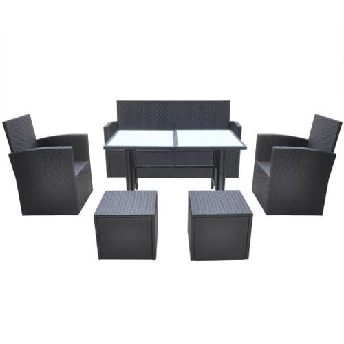 Mobilier à dîner de jardin 6pcs et coussins Résine tressée Noir - Photo n°3; ?>