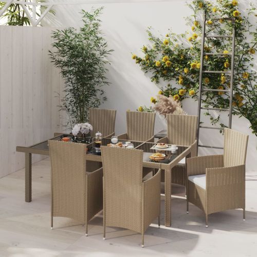 Mobilier à dîner de jardin 7 pcs coussins Résine tressée Beige - Photo n°2; ?>