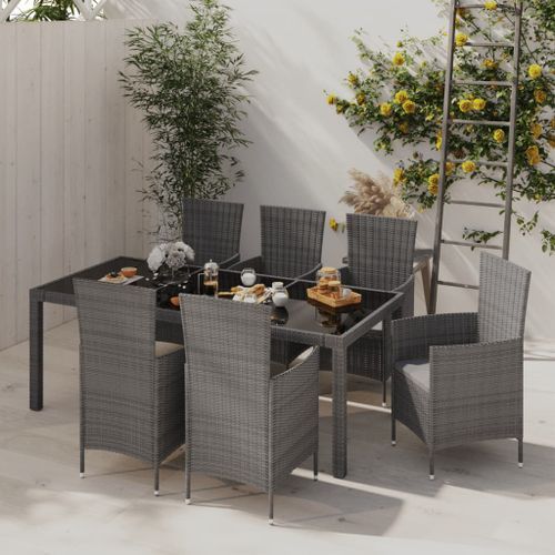 Mobilier à dîner de jardin 7pcs et coussins Résine tressée Gris 4 - Photo n°2; ?>