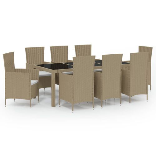 Mobilier à dîner de jardin 9 pcs coussins Résine tressée Beige - Photo n°2; ?>