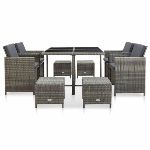 Mobilier à dîner de jardin 9pcs et coussins Résine tressée Gris 4 - Photo n°2; ?>